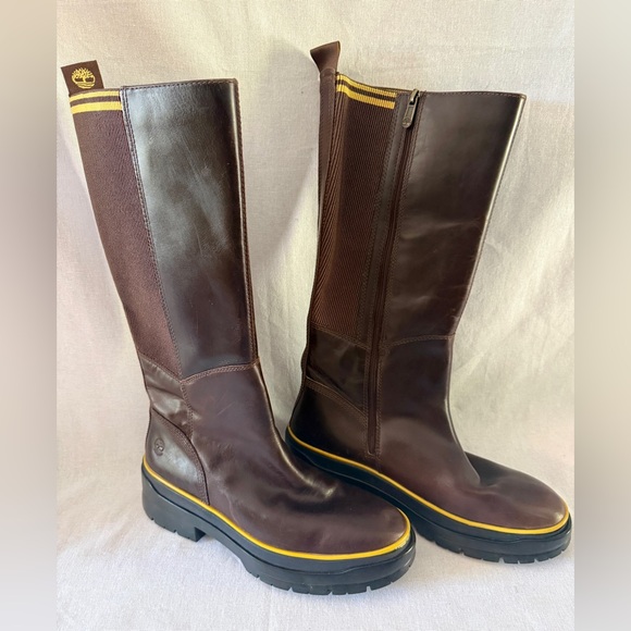 Timberland Zip Up Knee high Brown Boots with Orange Interior - Picture 1 of 9
